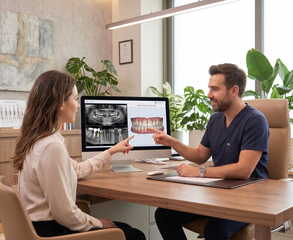 A dentist reviewing a digital smile design with a patient