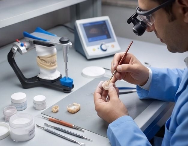 A dental technician working on a ceramic crown